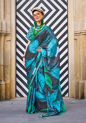 Black Floral Print Satin Saree Set