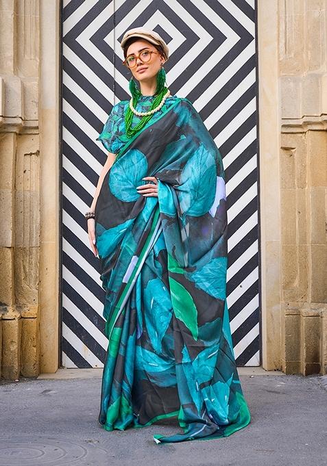 Black Floral Print Satin Saree Set