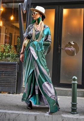 Dark Green Floral Print Satin Saree Set
