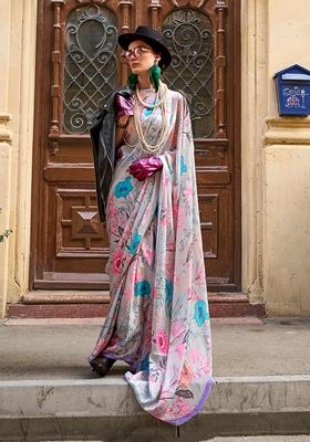 Off White Floral Print Satin Saree Set