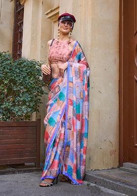 Multicolor Abstract Print Satin Saree Set