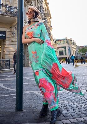 Sea Green Floral Print Crepe Saree Set