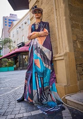 Multicolor Abstract Print Crepe Saree Set