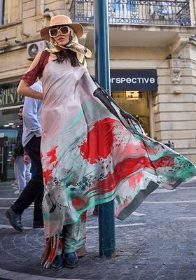 Off White Abstract Print Crepe Saree Set