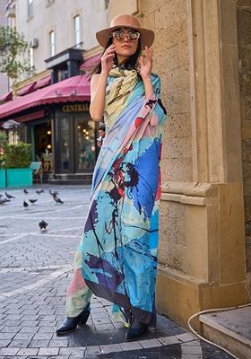 Multicolor Abstract Print Crepe Saree Set
