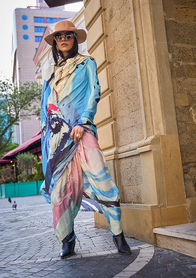 Multicolor Abstract Print Crepe Saree Set