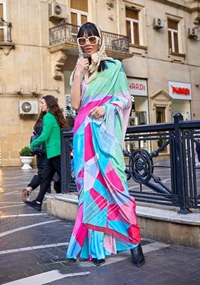 Multicolor Abstract Print Crepe Saree Set