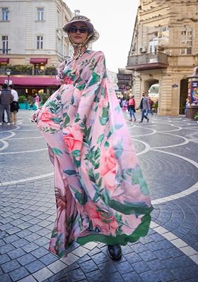 Baby Pink Floral Print Crepe Saree Set
