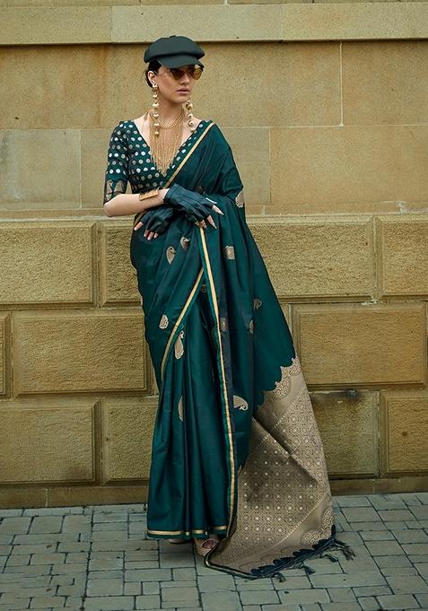 Dark Green Woven Satin Saree Set