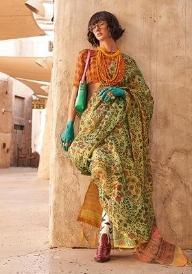 Light Green Floral Print Tissue Saree Set