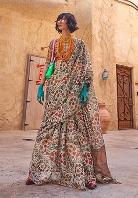 Light Grey Floral Print Tissue Saree Set