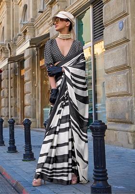 Black Striped Print Satin Saree Set
