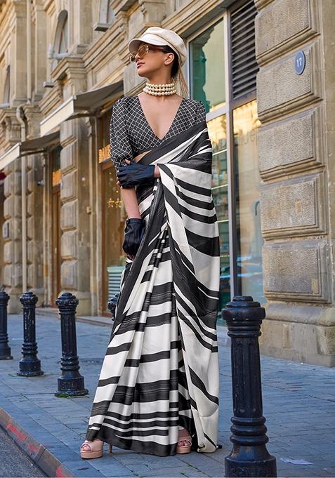 Black Striped Print Satin Saree Set