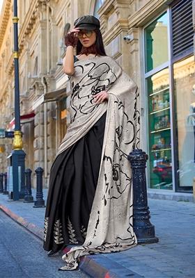 Beige Floral Print Satin Saree Set