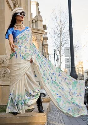 Off White Floral Print Satin Saree Set