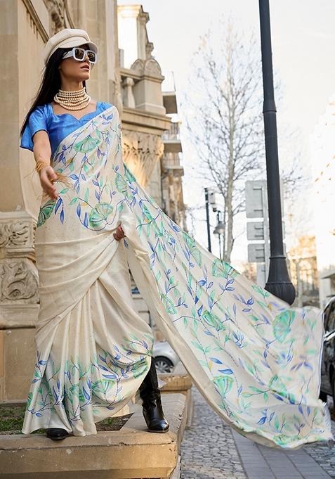 Off White Floral Print Satin Saree Set