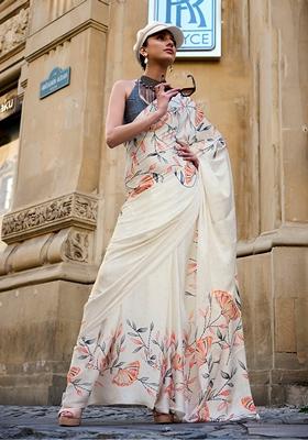 Off White Floral Print Satin Saree Set