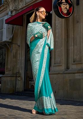 Sea Green Dot Print Satin Saree Set