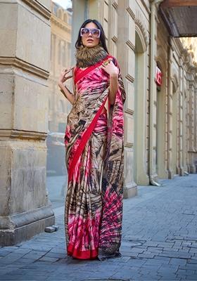 Multicolor Abstract Print Satin Saree Set