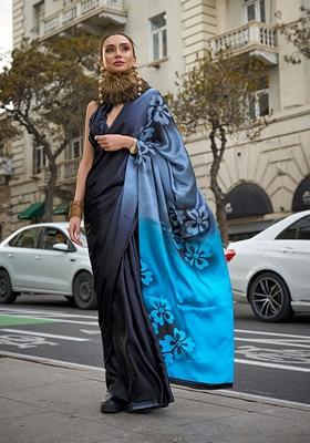 Black Floral Print Satin Saree Set