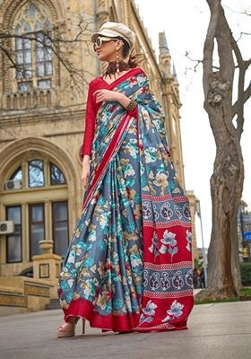 Grey Floral Print Satin Saree Set