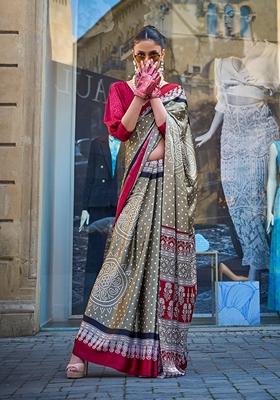 Light Brown Dot Print Satin Saree Set