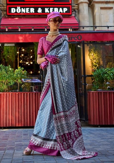 Grey Dot Print Satin Saree Set