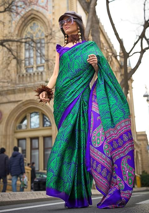 Royal Blue Floral Print Satin Saree Set