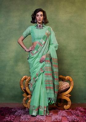 Light Green Resham Woven Cotton Saree Set