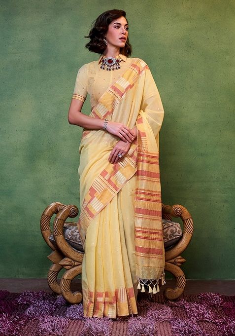 Light Yellow Resham Woven Cotton Saree Set