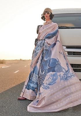 Slate Grey Floral Print Tussar Silk Saree Set