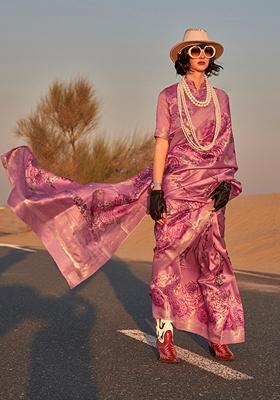 Dark Magenta Floral Print Tussar Silk Saree Set