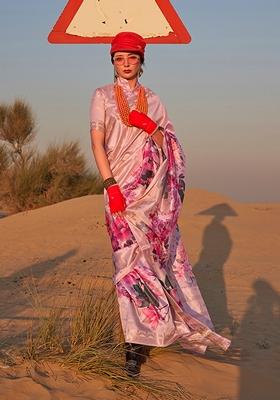 Beige Floral Print Tussar Silk Saree Set