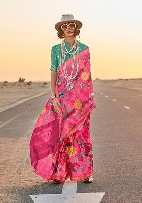 Pink Floral Print Tussar Silk Saree Set