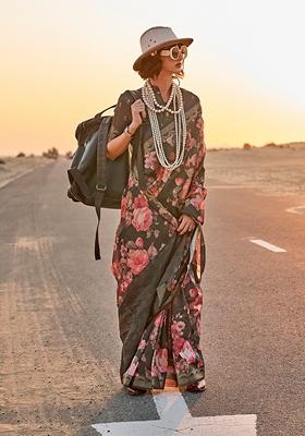 Black Floral Print Tussar Silk Saree Set