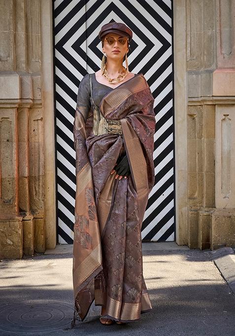 Brown Woven Organza Saree Set