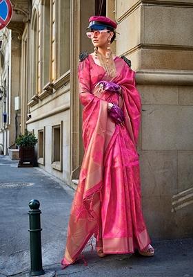 Pink Woven Organza Saree Set