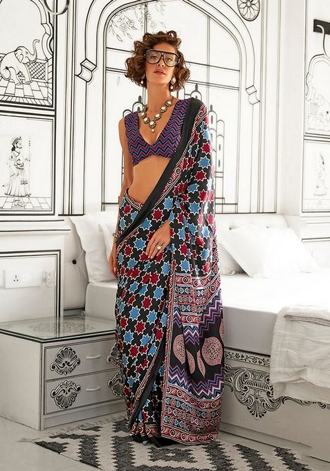 Black Printed Satin Saree Set