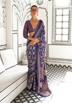Navy Blue Printed Satin Saree Set