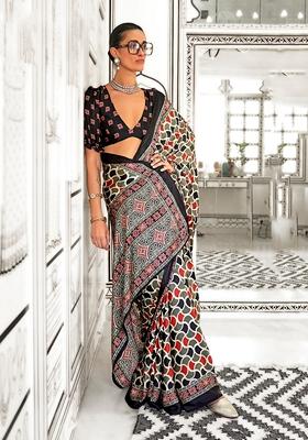 Multicolor Printed Satin Saree Set