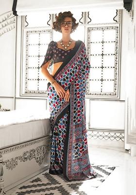 Multicolor Printed Satin Saree Set