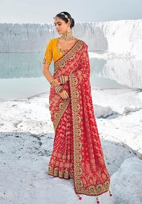 Red Embroidered Georgette Saree Set
