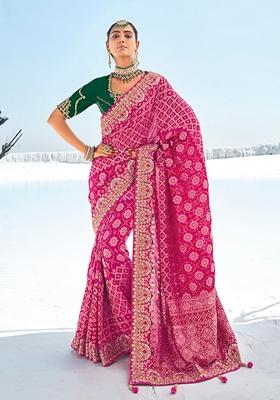 Rani Pink Embroidered Georgette Saree Set