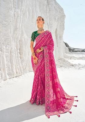 Rani Pink Embroidered Georgette Saree Set
