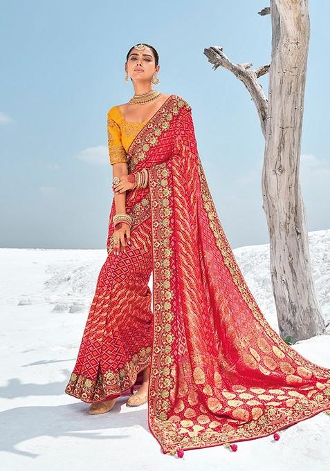 Red Embroidered Georgette Saree Set