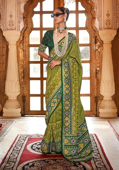 Light Olive Printed Silk Saree Set