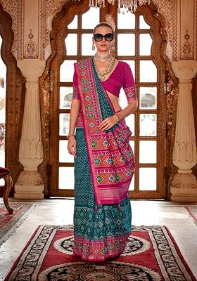 Teal Printed Silk Saree Set