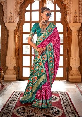 Rani Pink Printed Silk Saree Set