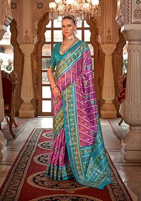 Violet Printed Silk Saree Set