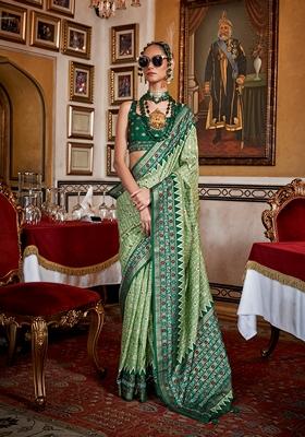 Light Green Printed Silk Saree Set